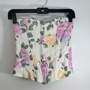 Floral Strapless Corset Top - Cropped Bustier Size XS Pink Yellow Roses Coquette